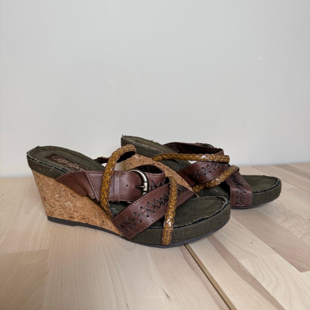 Skechers Womens 8 Chocolate Brown‎ Braided Cork Wedge Sandals Heels Casual Shoes